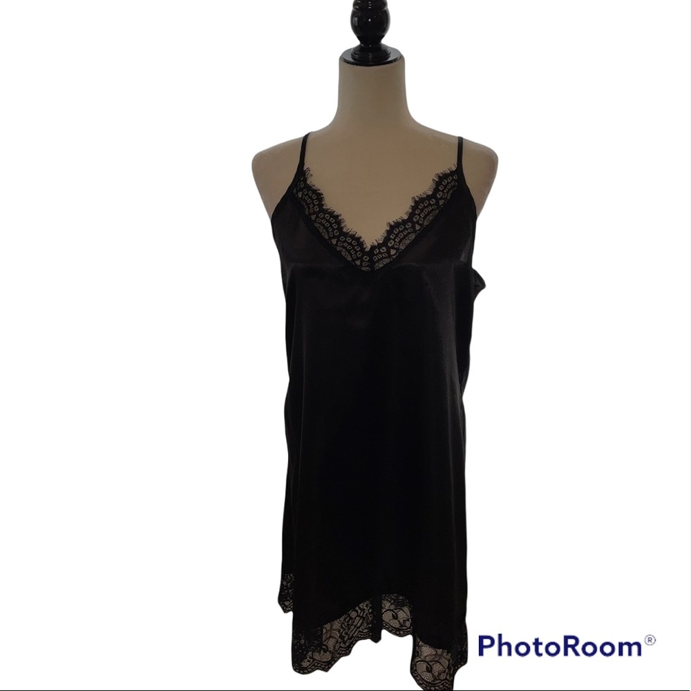 Topia Black Lace Trim Satin Shift Dress